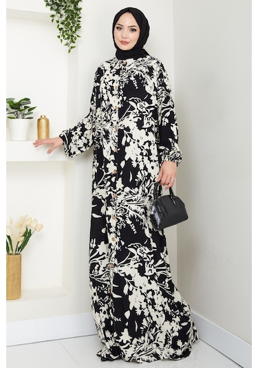 Dilşen Düğmeli Dokuma Viskon Elbise 1562 - Siyah Siyah