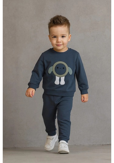 Erkek Çocuk Nakışlı İki Parça Eşofman Takımı %100 Pamuk Füme