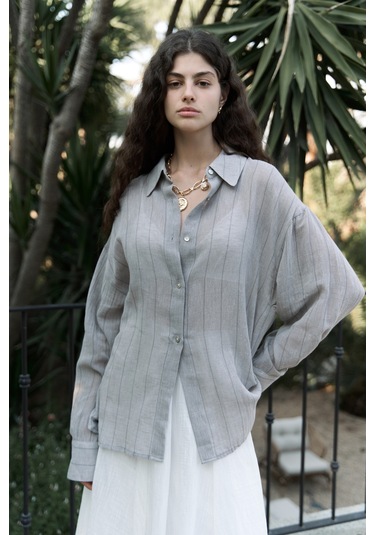 Calynn Sırt Dekolteli Çizgili Vizon Keten Gömlek VİZON