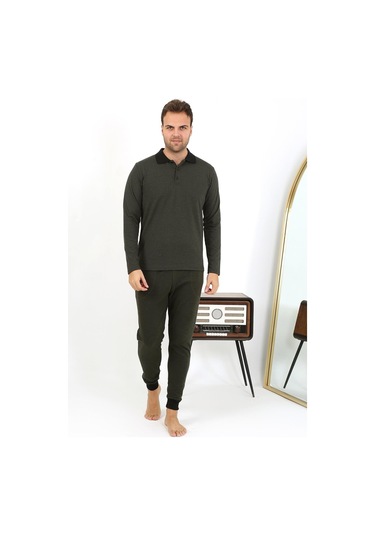 Akbeniz Erkek Polo Yaka Uzun Kol Penye Pijama Takımı 6862 Haki Haki