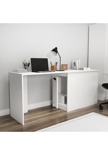 Arnetti Akser Geniş Dolaplı Çalışma Masası – Beyaz Bilgisayar Masası, Modern Tasarım Beyaz