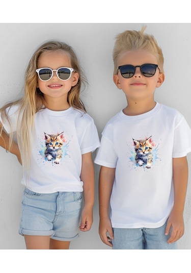 Aselinda Kedi Baskılı Çocuk T-shirt Beyaz