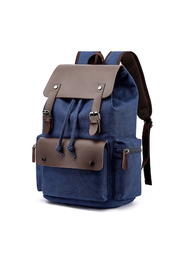 Canvas Leisure Backpack Computer Bag Student School Bag Navy Mavi
