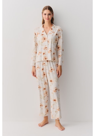 Suwen Sofia Maskülen Pijama Takımı Sh26221660b338 Ekru Desenli