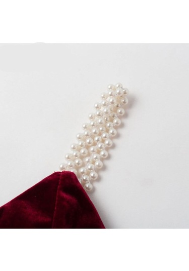 İnci Askılı Skater Kloş Kadife Gece Kokteyl Davet Akşam Yemeği Elbisesi Kırmızı