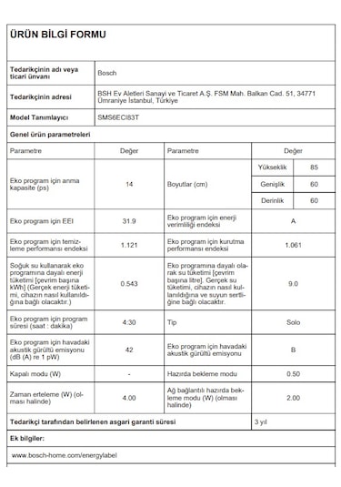 Bosch SMS6ECI83T 8 Programlı 14 Kişilik Bulaşık Makinesi