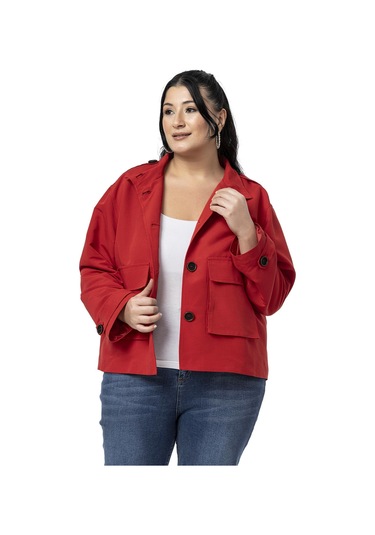 Büyük Beden Dik Yaka Kapaklı Torba Cepli Astarlı Kısa Kırmızı Trençkot Kırmızı