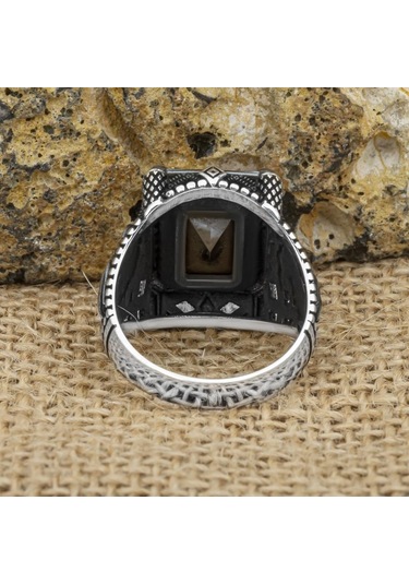 Kartal Motifli Kare Siyah Taşlı 925 Gümüş Erkek Yüzük