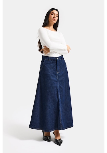 Itsbasic Kadın İndigo Renk 7w5-50 A Tipi Çan Kesim Maxi Boy %100 Koton Denim Etek
