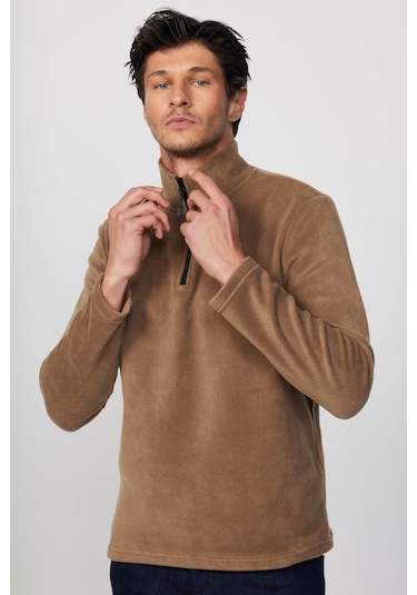 Tudors Erkek Dik Yaka Tüylenme Yapmayan Soğuk Geçirmez Standart Fit Rahat Kesim Haki Polar Sweatshirt -30141-haki Haki