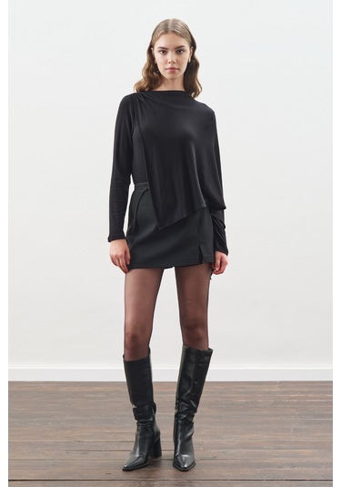 Şal Detaylı Dökümlü Bluz Siyah Siyah