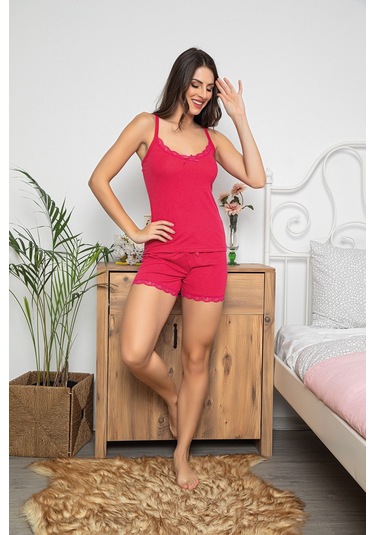Kadın Fuşya Renkli Dantel Detaylı Şortlu Ve Taytlı Pijama Takımı 3'lü Set 75008 Fuşya