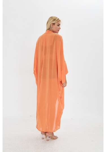 Kutaf Turuncu Uzun Yumusak Ipek Karısımlı Kimono / Beachwear Turuncu