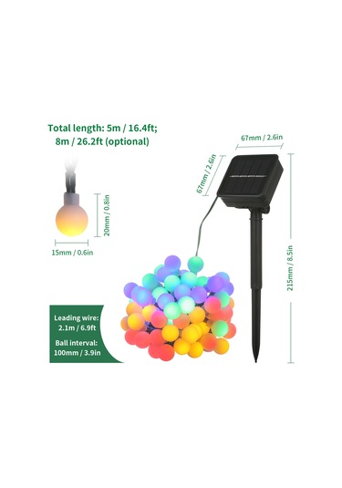 Jeemson Güneş Enerjili Renkli Top Lambalar Zinciri - 8 Mod, Ip44 Su Geçirmez, 8m 60 Led Çok Renkli
