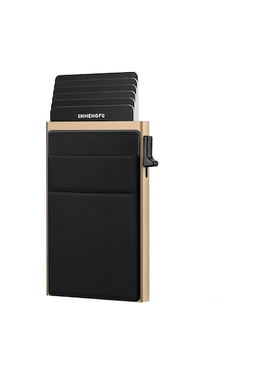 Sones İnce Metal Cüzdan Açılır Kredi Kartı Tutucu Rfıd Engelleme Erkek Kartvizit Tutucu Altın