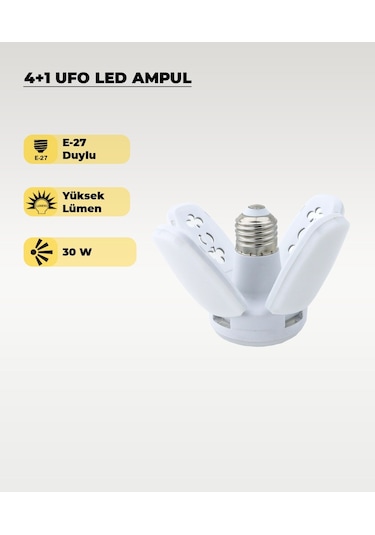 30w Mini Pervane 4+1 Kanatlı Ampul 6500k Beyaz Işık 1 Adet