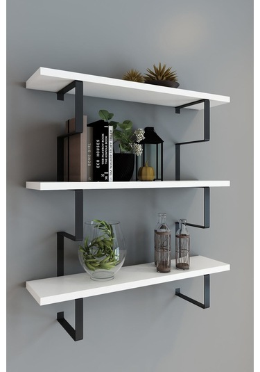 Metal Ayaklı Duvar Rafı, 3 Katlı Duvar Rafı, Kitaplık, Saksılık, Banyo, Mutfak, Salon, 60 70 15 Cm Beyaz