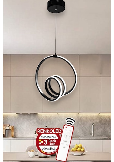 Kumandalı 3 Renk Işıklı Modern Sarkıt Led Avize Ledli Avize Antre Siyah