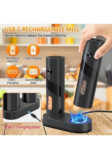 Motion003 2 Adet Üstten Doldurmalı Otomatik Elektrikli Biber Değirmeni Seti Ayarlanabilir Öğütme Kalınlığı Büyük Kapasite Ev Mutfak İçin Led Işık Ahşap