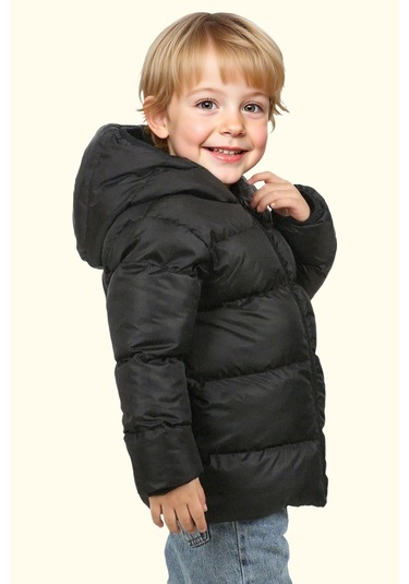 Erkek Çocuk Polarlı Kürklü Kapüşonlu Su Geçirmez Rüzgara Dayanıklı Şişme Kışlık Mont Kaban Siyah