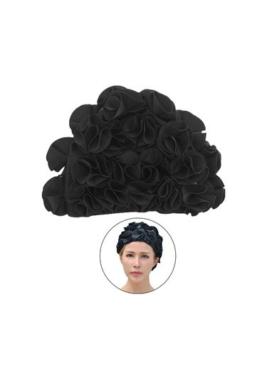 Suntek Yüzme Şapkası Çiçek Yaprakları Trendy Plaj Siyah