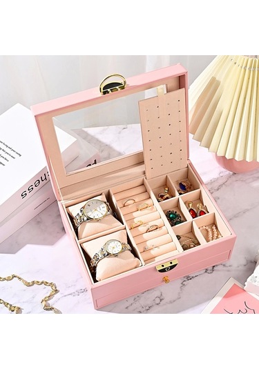 Dışı Deri İçi Kadife Kilitli Çekmeceli Takı Bijuteri Mücevher Kutusu Organizer Düzenleyici Pembe İth