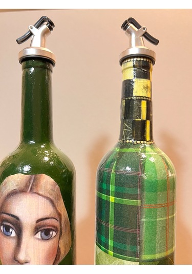 Vintage Sanat Desenli Retro Yeşil Cam Yağdanlık Seti-sirkelik Sosluk Seti- Ev Ve Mutfak Dekoru Yeşil