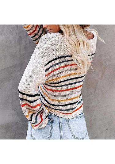 Kadın Uzun Kollu Günlük Düşük Omuz Örgü Kazak Renkli Çizgili Büyük Boy Kazak Üstler Siyah