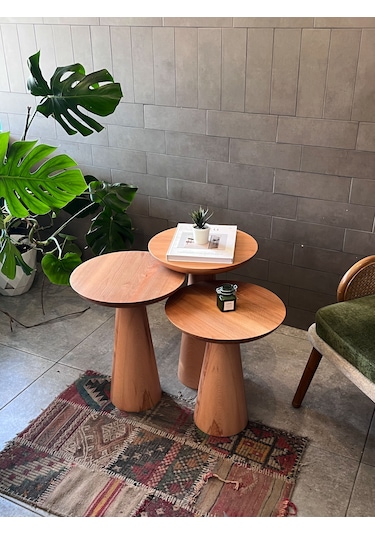 3'lü Zigon Mantar Sehpa Mushroom Masif Ahşap Modern Yan Sehpa Takımı Siyah