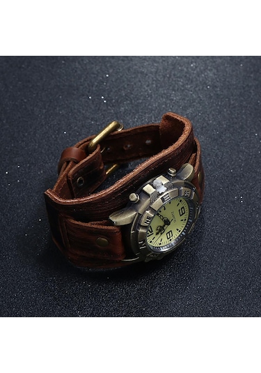 Siyah Erkekler Punk Retro Basit Moda Pin Toka Kayış Deri Saat