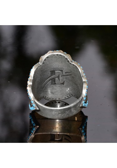 El Yapımı Mavi Kedi Gözü Yüzük Turkuaz Yapay Taş İle - 925 Ayar Gümüş Erkek Takısı Gümüş