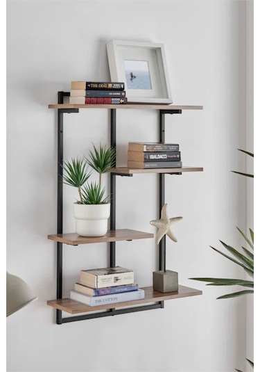 Aju Modern Duvar Rafı - 4 Katlı Metal Şık Modern Yüzen Pencere Duvar Rafı Kitaplık Düzenleyici Raf Siyah