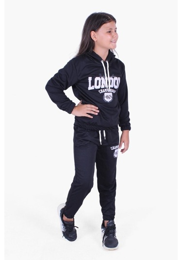 Fyk Kids Kapüşonlu-london Baskı Detaylı Kız Çocuk Eşofman Takımı Siyah