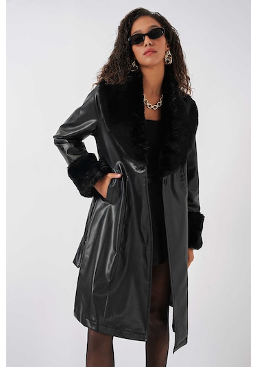 Gabria Yaka Kürklü Deri Trenchcoat Siyah