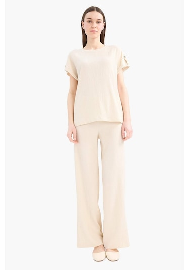 DeFacto 	Bürümcük Pantolon Wide Leg Geniş Bol Paça Esnek Belli C0200AX25SPBG286