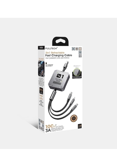 100w Fulltech Makaralı 3 İn 1 Hızlı Şarj -aluminyum Gövde Lightining , Micro , Typ-c Şarj Kablosu 0