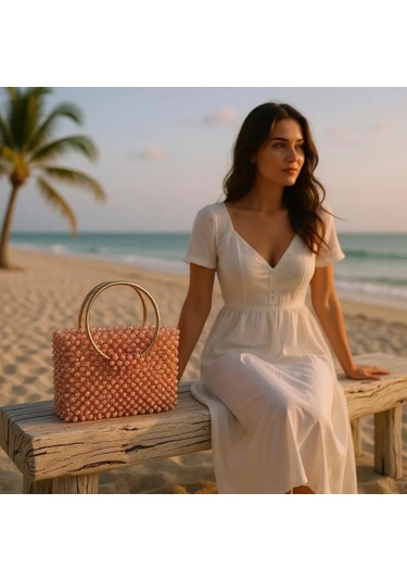 Plentiful İnci Boncuk Çanta, Abiye , Gece , Düğün, Gelin,nişan Çantası Kahverengi