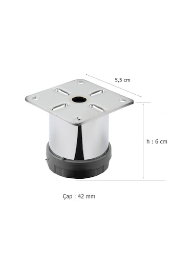 4 Adet Mobilya Ayağı Metal 6 Cm Alttan Ayarlı 42 Mm Krom Ayak