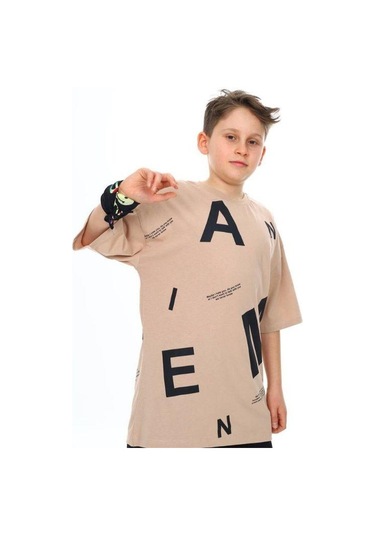 Çocuk Pano Baskılı Tshirt-14543 Kahverengi