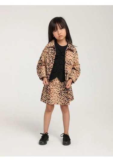 Kız Çocuk Leopar Desenli Şort Etek-15593 Kahverengi
