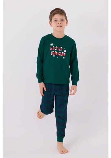 Arnetta 3131 Noel Let İt Snow Erkek Çocuk Yeşil Uzun Kol Pijama Takım Yeşil