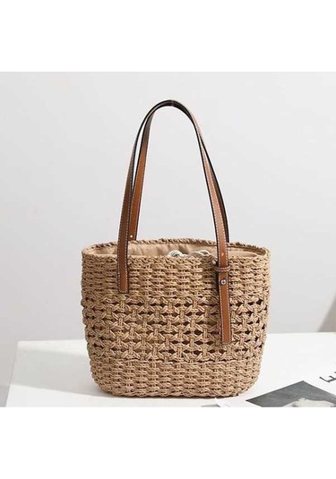 Ganzhoushop Yaz Üst Tote Saplı Plaj Omuz Kova Khaki Kapasiteli Kadınlar İçin Hasır Dokuma Çantası Çantası Çanta Büyük Alışveriş My Haki