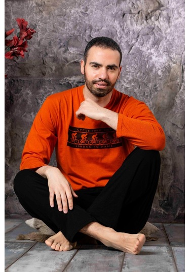 Yuvarlak Yaka Pamuk Regular Kalıp Erkek Pijama Takımı 983 - Turuncu
