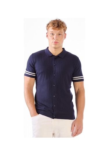 Dufy Lacivert Polo Düğmeli Fitilli Kısa Kollu Slim Fit Erkek Triko Lacivert