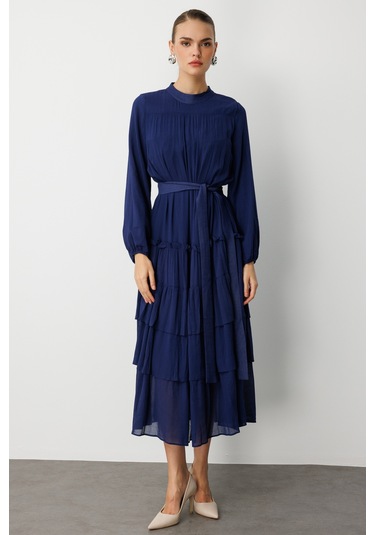 Mizalle Kat Pileli Maksi Lacivert Elbise Lacivert