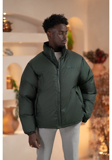 Oversize Bol Kesim Dik Yaka Fermuar Kapamalı Şişme Mont Yeşil