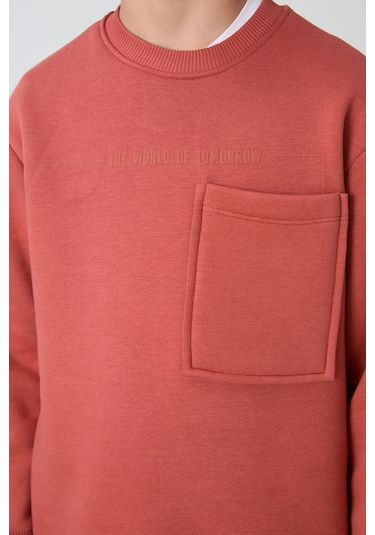 Tommy Life Kiremit-siyah Pamuklu Kalın İçi Tüylü Yumuşak Dokulu Standart Fit Baskılı Erkek Çocuk Eşofman Takım Kiremit