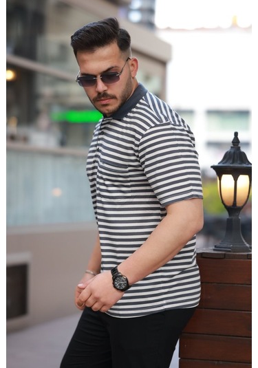 Erkek Yakalı Çizgili Kısa Kollu T-shirt Antrasit - Beyaz