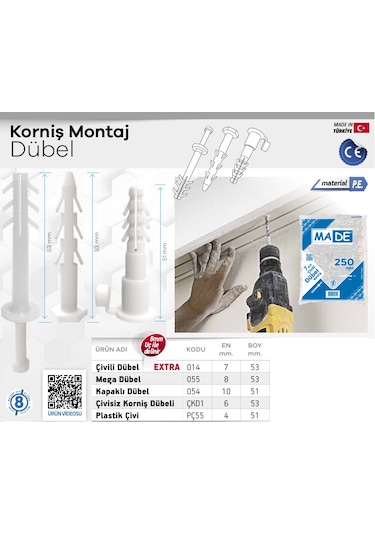 Made Korniş Montaj Mega Dübeli 8x53mm 500 Adet