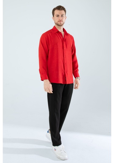 Rahat Kesim Keten Dokulu Gömlek Kırmızı